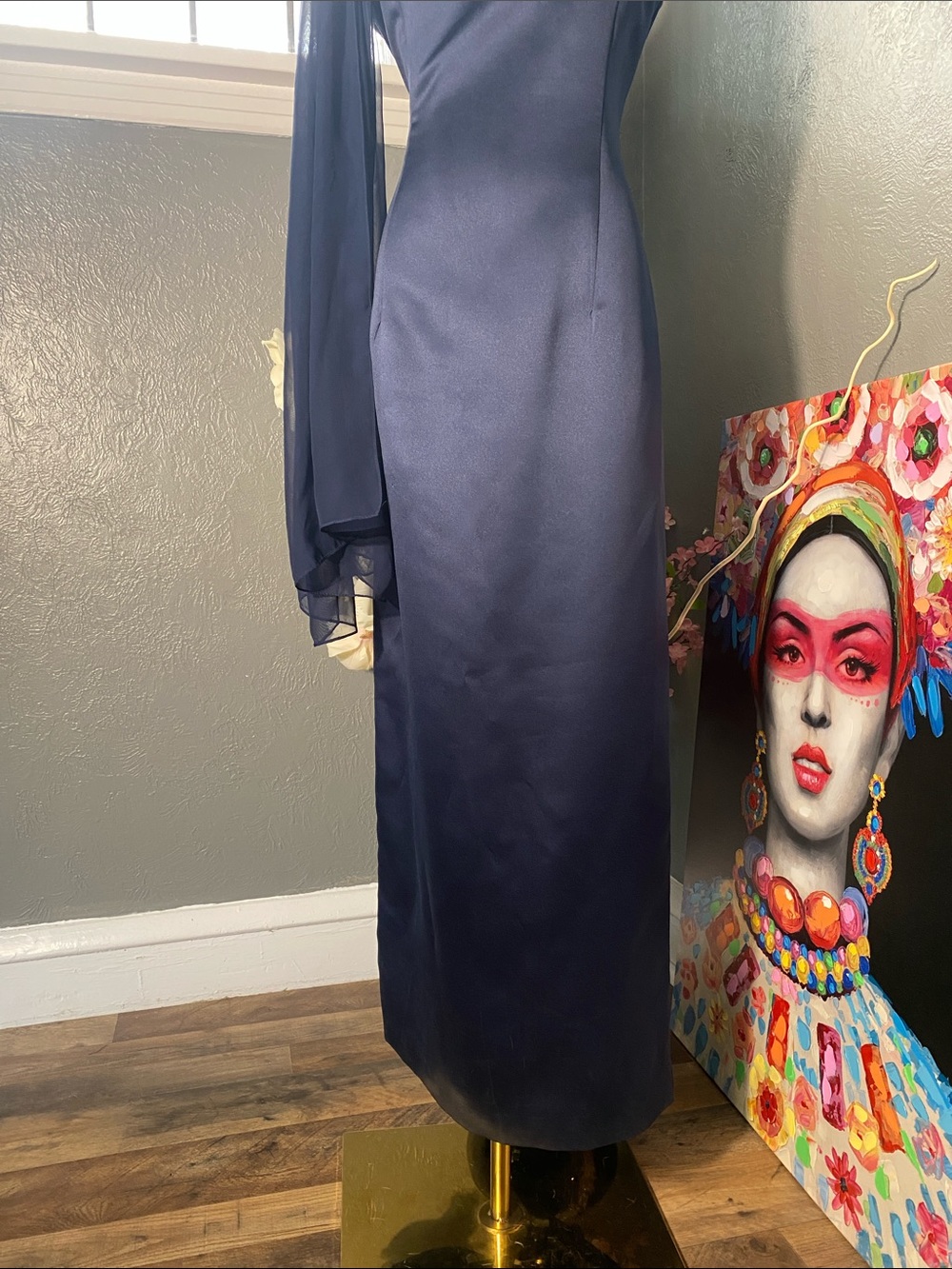 Michaelangelo Navy One Shoulder Formal Gown Cape Sleeve Prom Evening Dress - Picture 3 of 10